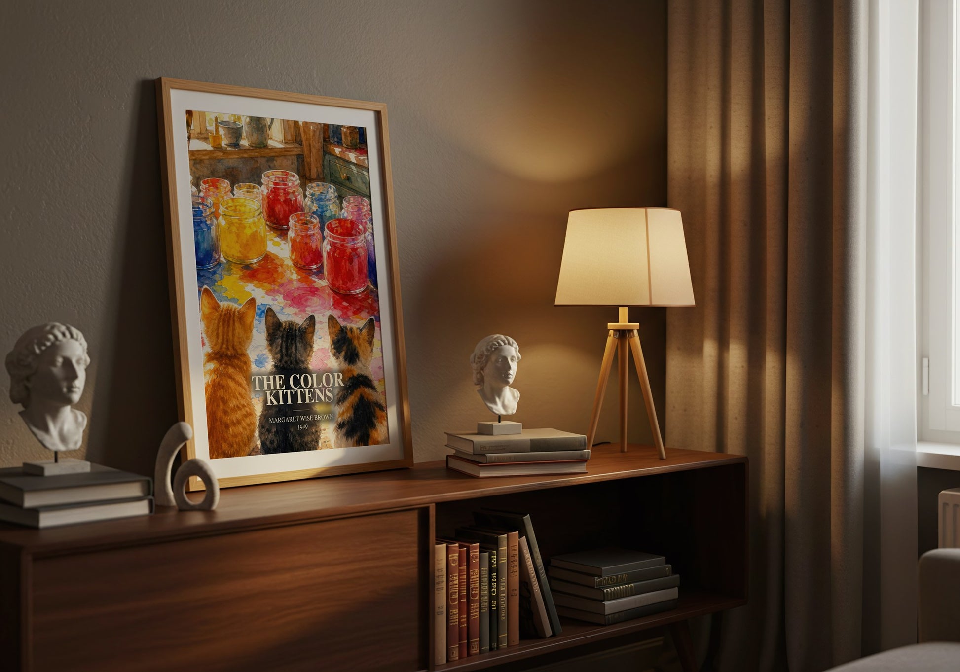 The Color Kittens watercolour print on bookshelf – Margaret Wise Brown fan gift