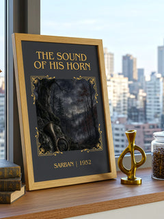 The Sound Of His Horn Classic Book Art Print by Sarban – framed print on a city-view windowsill