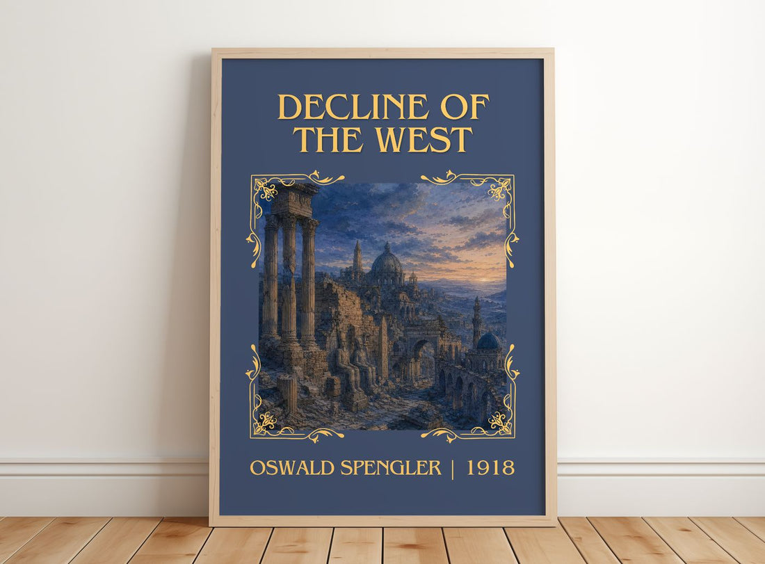 Decline of the West Classic Book Art Print by Oswald Spengler – framed print leaning on a wooden floor