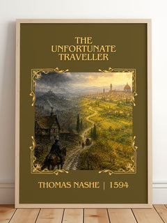 The Unfortunate Traveller Classic Book Art Print by Thomas Nashe – framed print leaning on a wooden floor