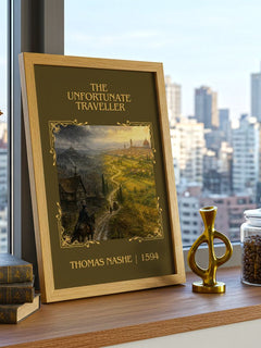 The Unfortunate Traveller Classic Book Art Print by Thomas Nashe – framed print on a city-view windowsill