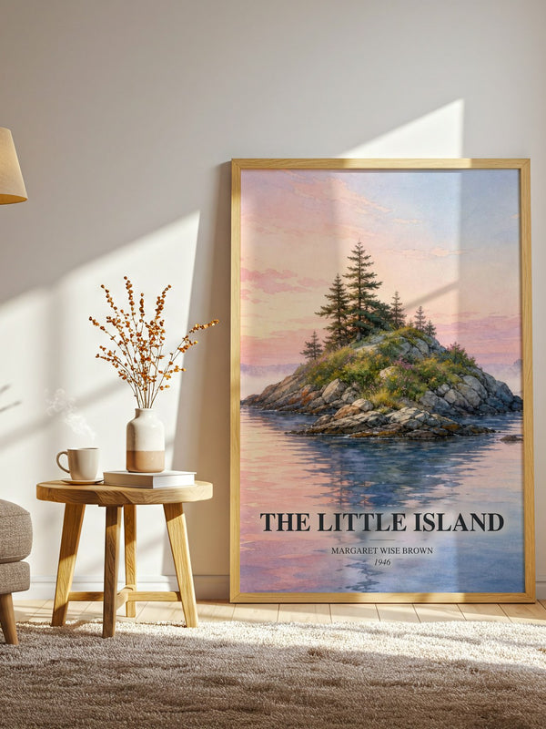 The Little Island watercolour print in frame leaning in hallway – childrens wall art