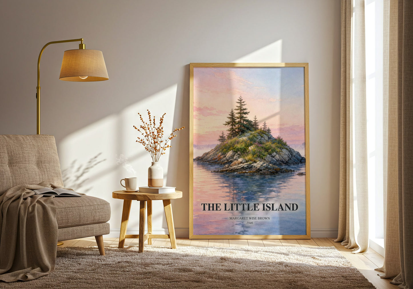 The Little Island watercolour print in frame leaning in hallway – childrens wall art
