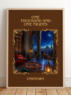 One Thousand and One Nights Classic Book Art Print by Unknown – framed print leaning on a wooden floor