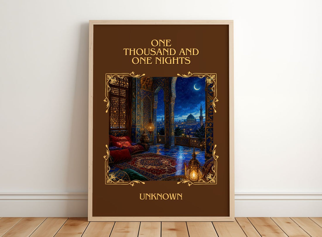 One Thousand and One Nights Classic Book Art Print by Unknown – framed print leaning on a wooden floor