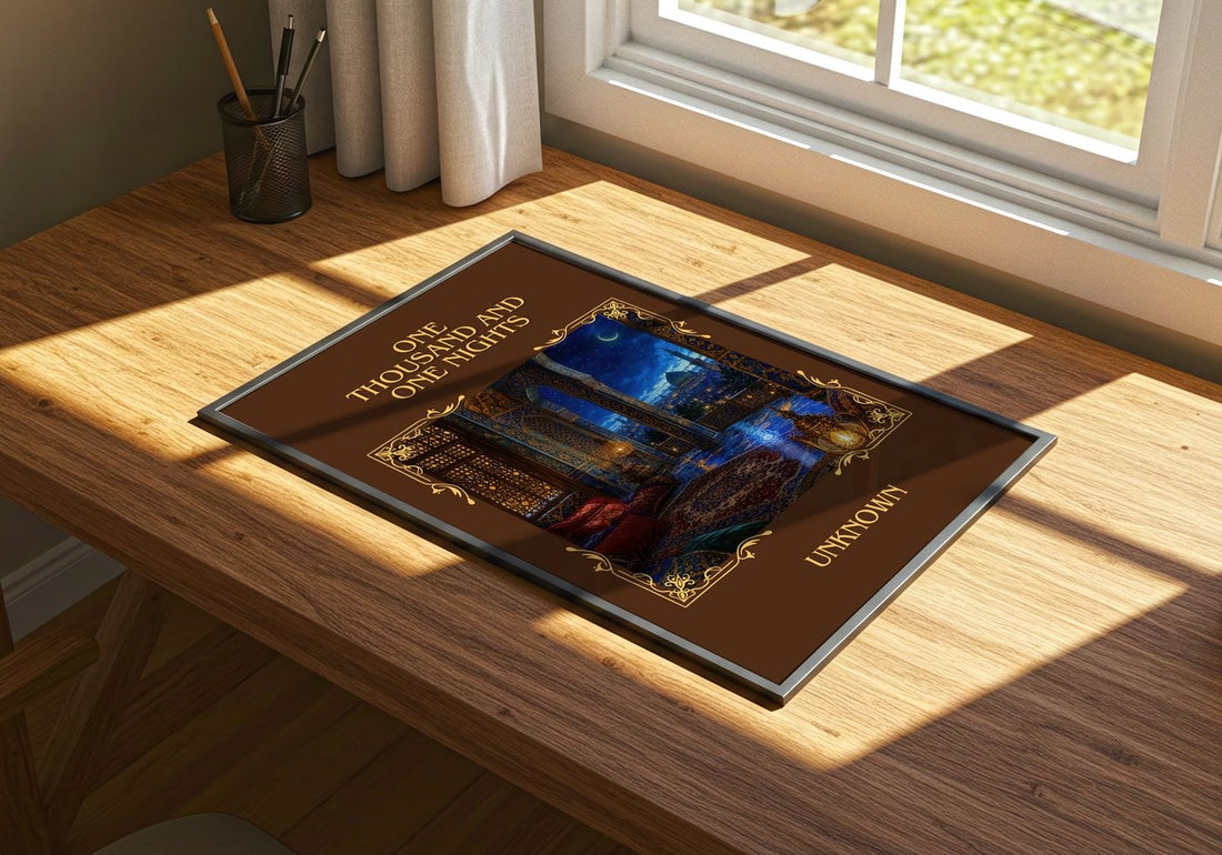 One Thousand and One Nights Classic Book Art Print by Unknown – print on a sunlit desk