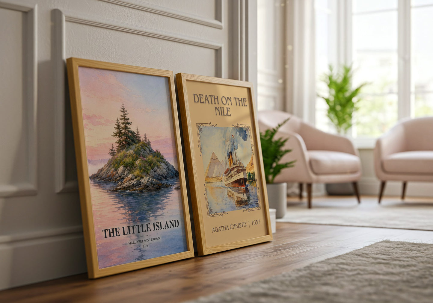 The Little Island watercolour print framed by window – literary home decor