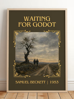 Waiting for Godot Classic Book Art Print by Samuel Beckett – framed print leaning on a wooden floor