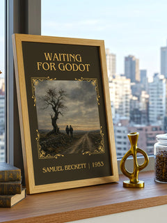 Waiting for Godot Classic Book Art Print by Samuel Beckett – framed print on a city-view windowsill