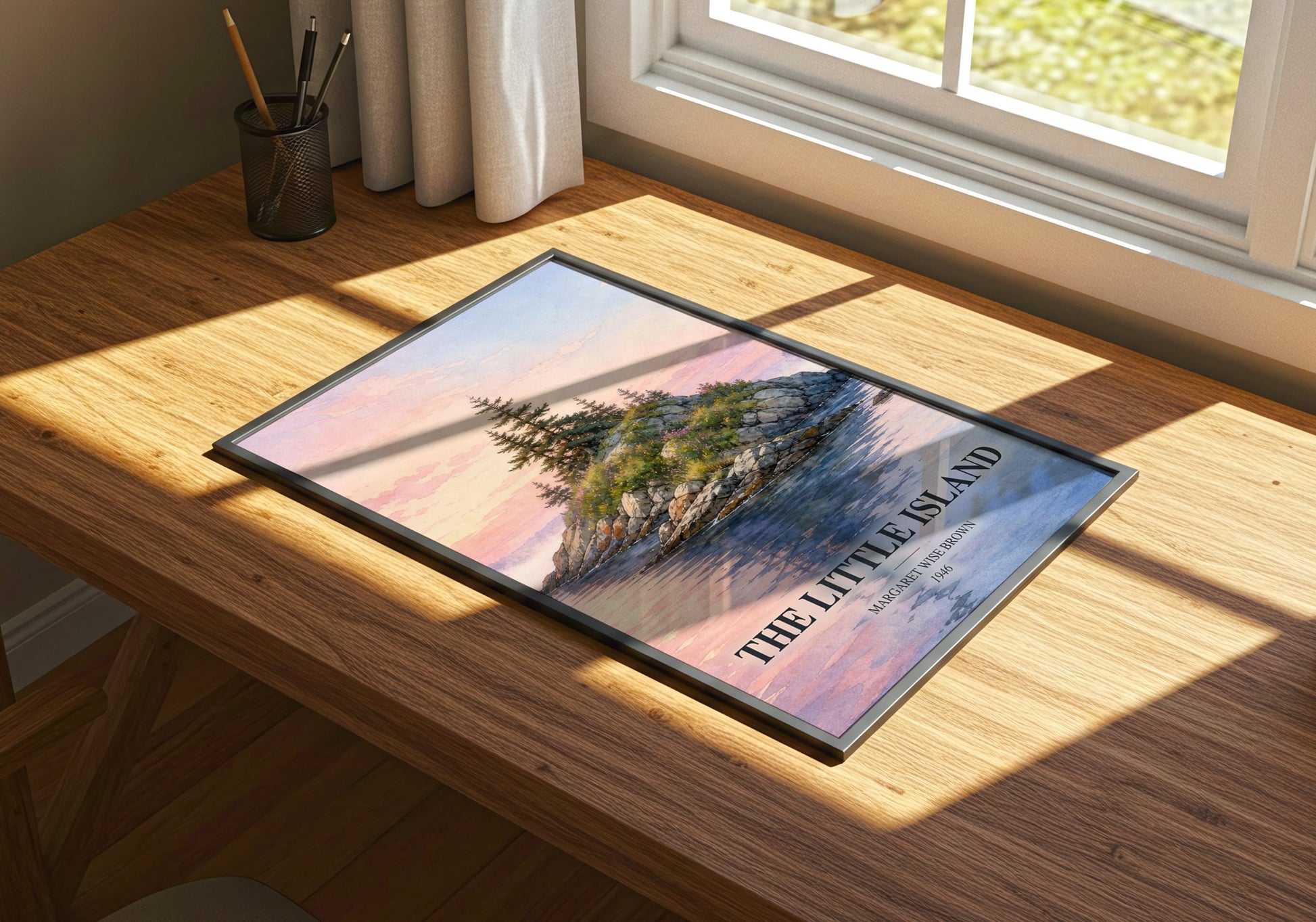 The Little Island watercolour book poster framed on wall – childrens wall art