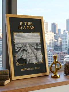 If This Is a Man Classic Book Art Print by Primo Levi – framed print on a city-view windowsill