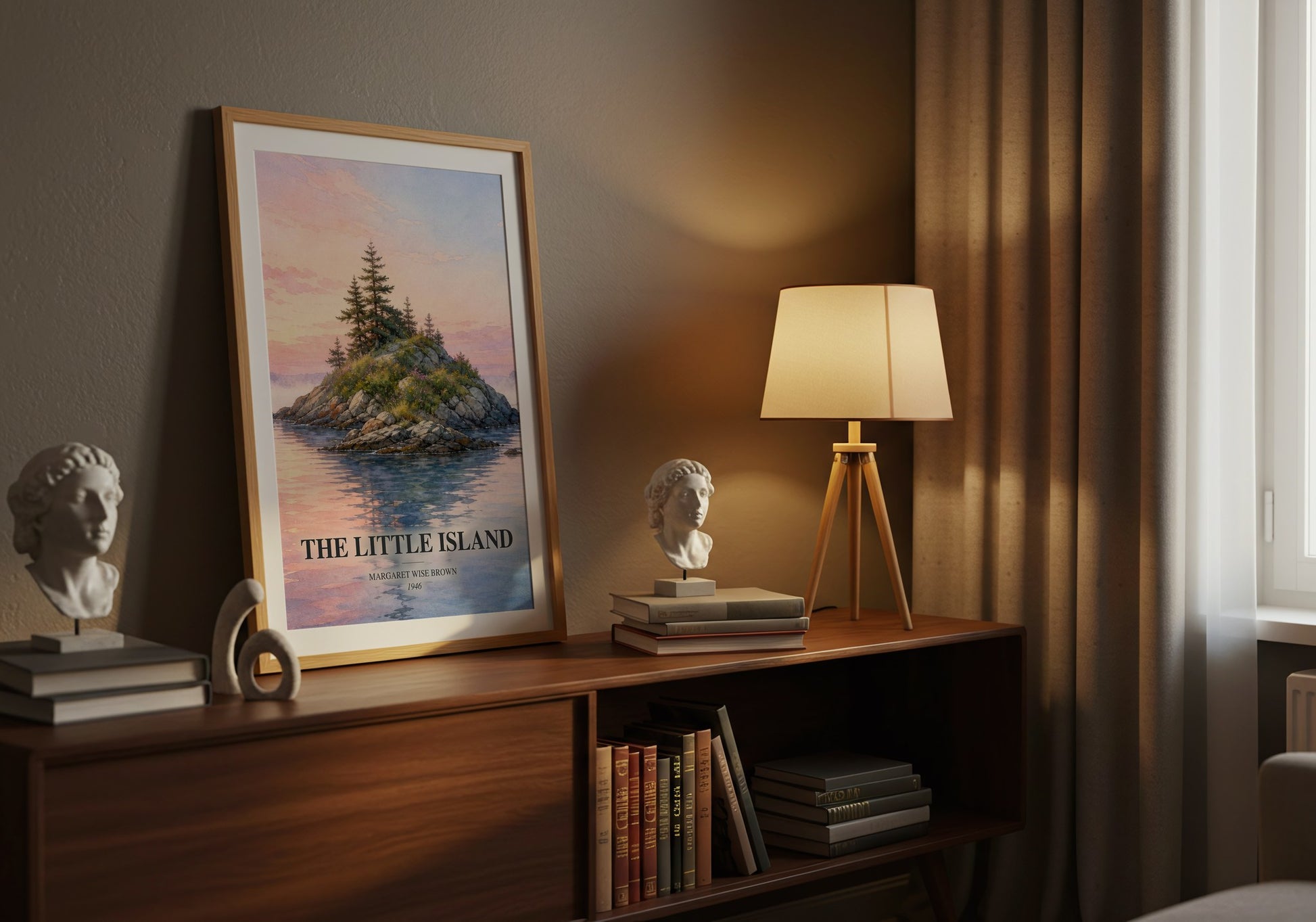 The Little Island watercolour print on bookshelf – Margaret Wise Brown fan gift