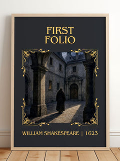 First Folio Classic Book Art Print by William Shakespeare – framed print leaning on a wooden floor