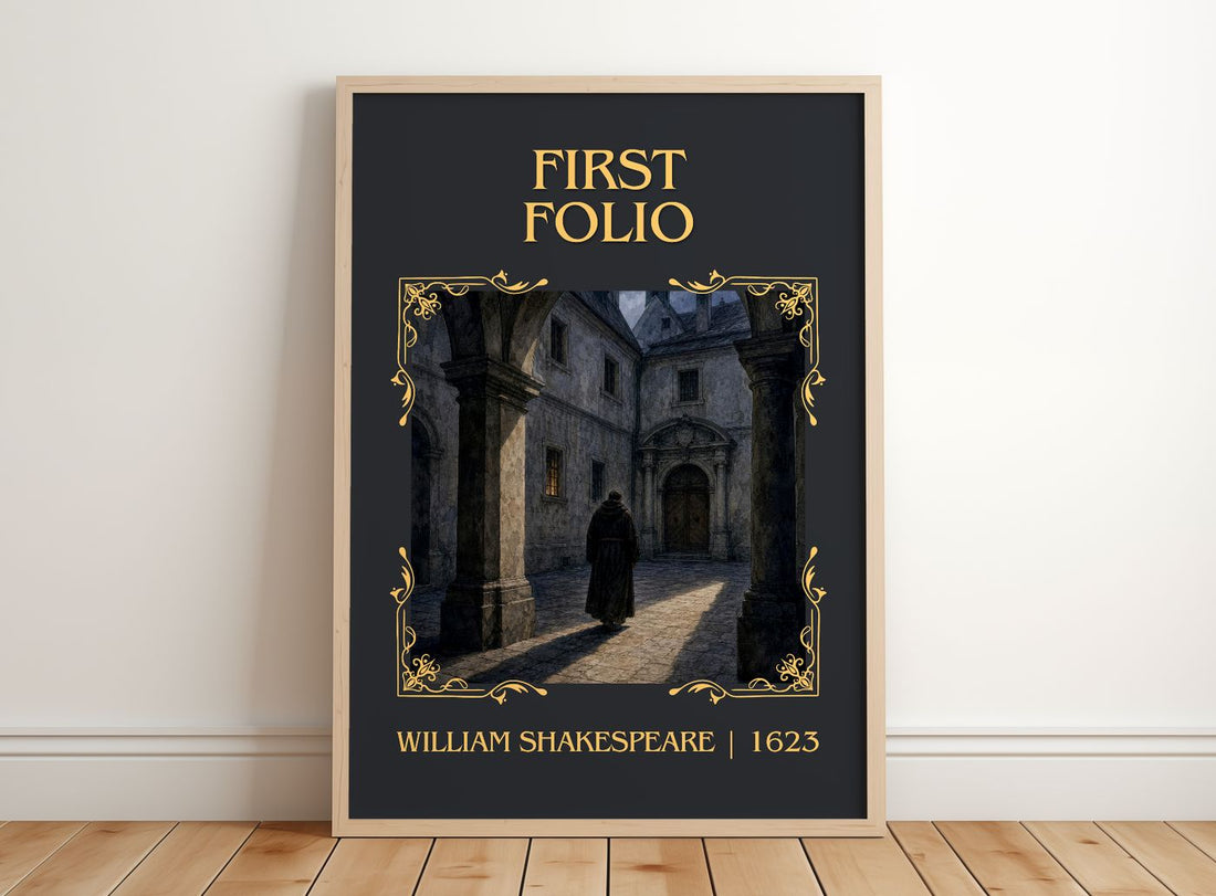 First Folio Classic Book Art Print by William Shakespeare – framed print leaning on a wooden floor