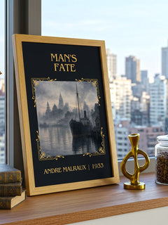 Man's Fate Classic Book Art Print by Andre Malraux – framed print on a city-view windowsill
