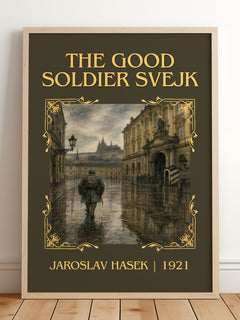 The Good Soldier Švejk Classic Book Art Print by Jaroslav Hašek – framed print leaning on a wooden floor