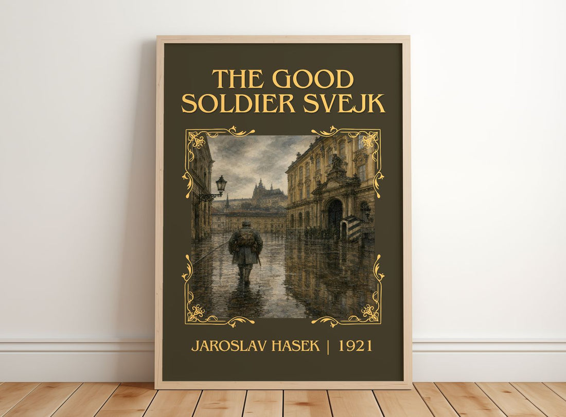 The Good Soldier Švejk Classic Book Art Print by Jaroslav Hašek – framed print leaning on a wooden floor