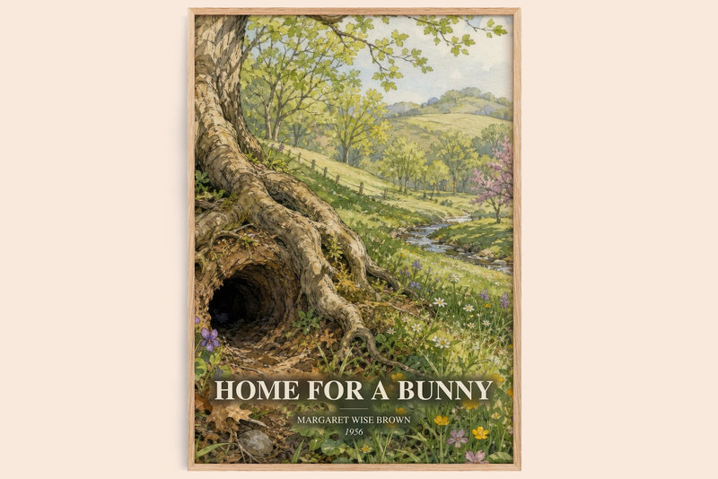 Home For A Bunny watercolour book poster by Margaret Wise Brown – framed literary art print