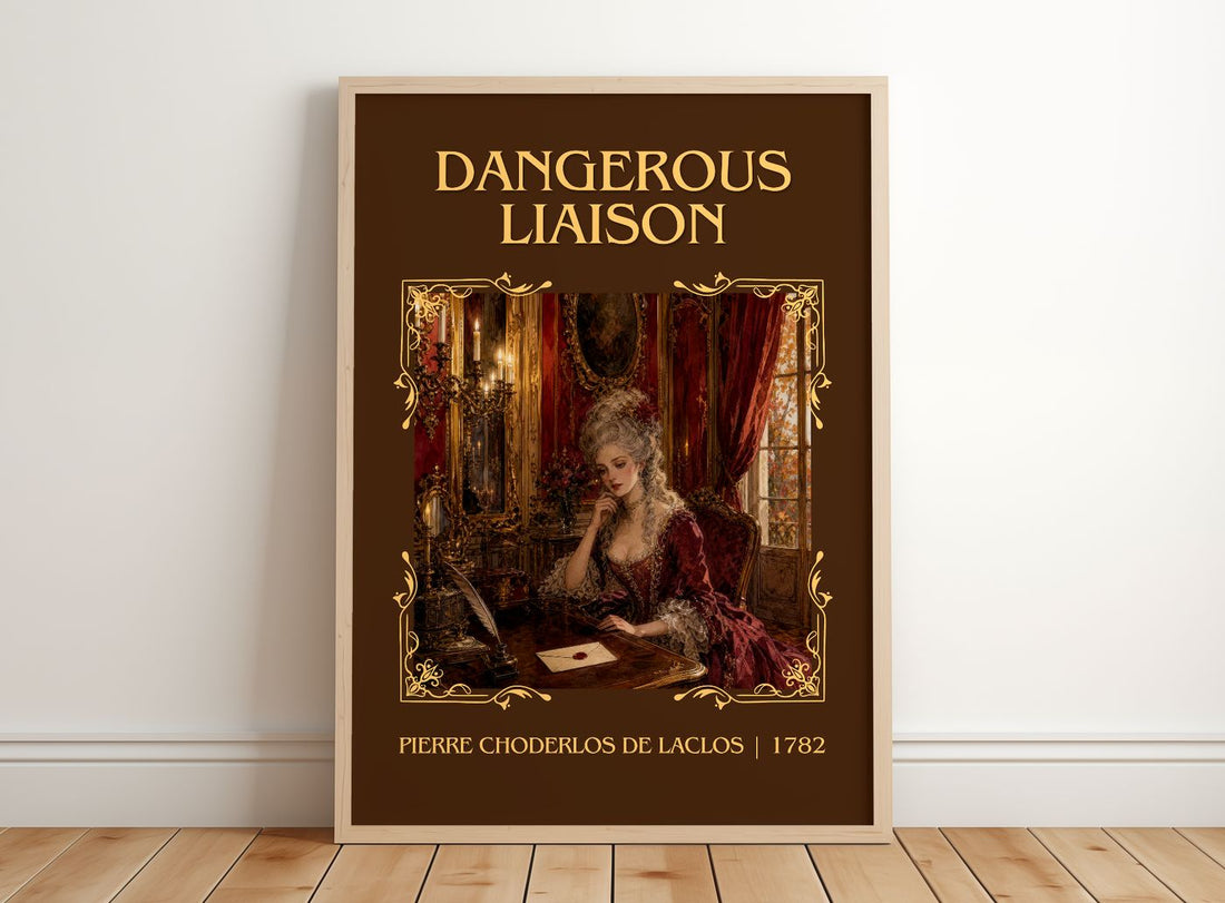 Dangerous Liaison Classic Book Art Print by Pierre Choderlos de Laclos – framed print leaning on a wooden floor