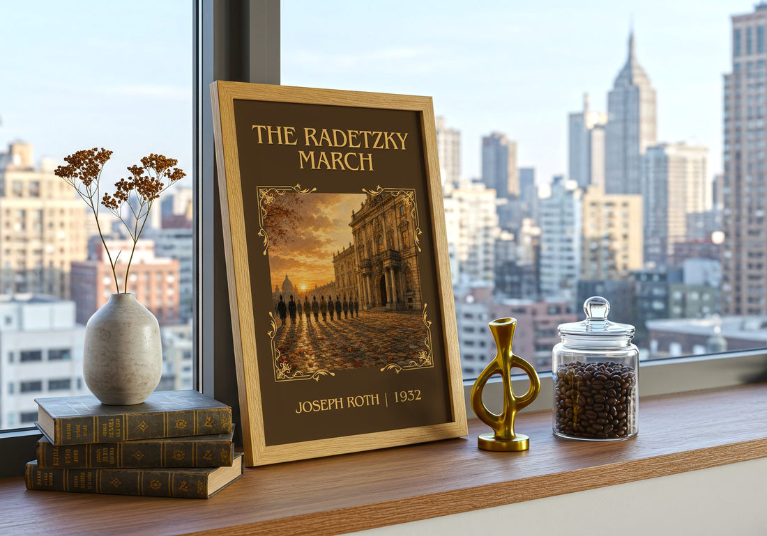 The Radetzky March Classic Book Art Print by Joseph Roth – framed print on a city-view windowsill