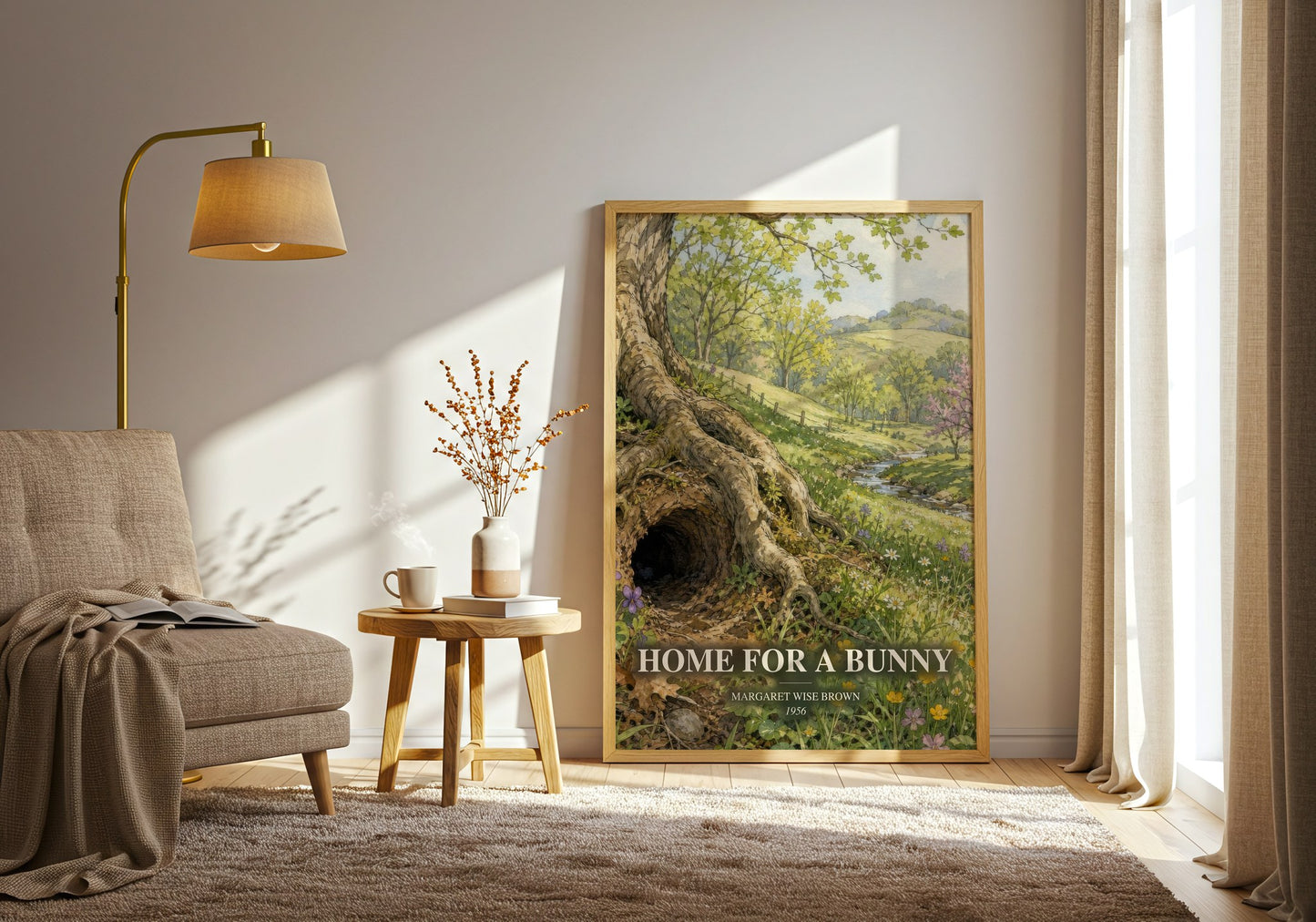 Home For A Bunny watercolour print in frame leaning in hallway – childrens wall art
