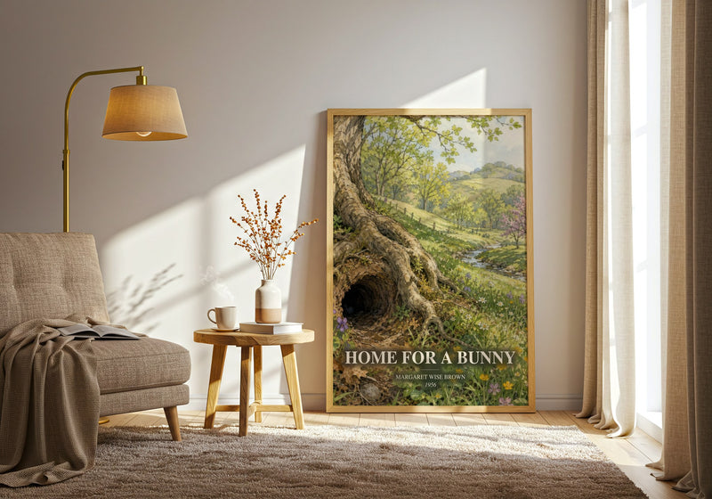 Home For A Bunny watercolour print in frame leaning in hallway – childrens wall art