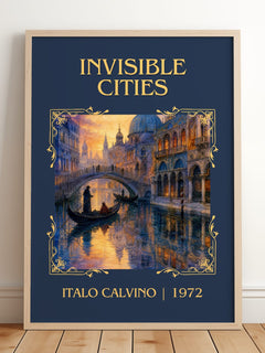 Invisible Cities Classic Book Art Print by Italo Calvino – framed print leaning on a wooden floor