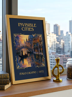 Invisible Cities Classic Book Art Print by Italo Calvino – framed print on a city-view windowsill