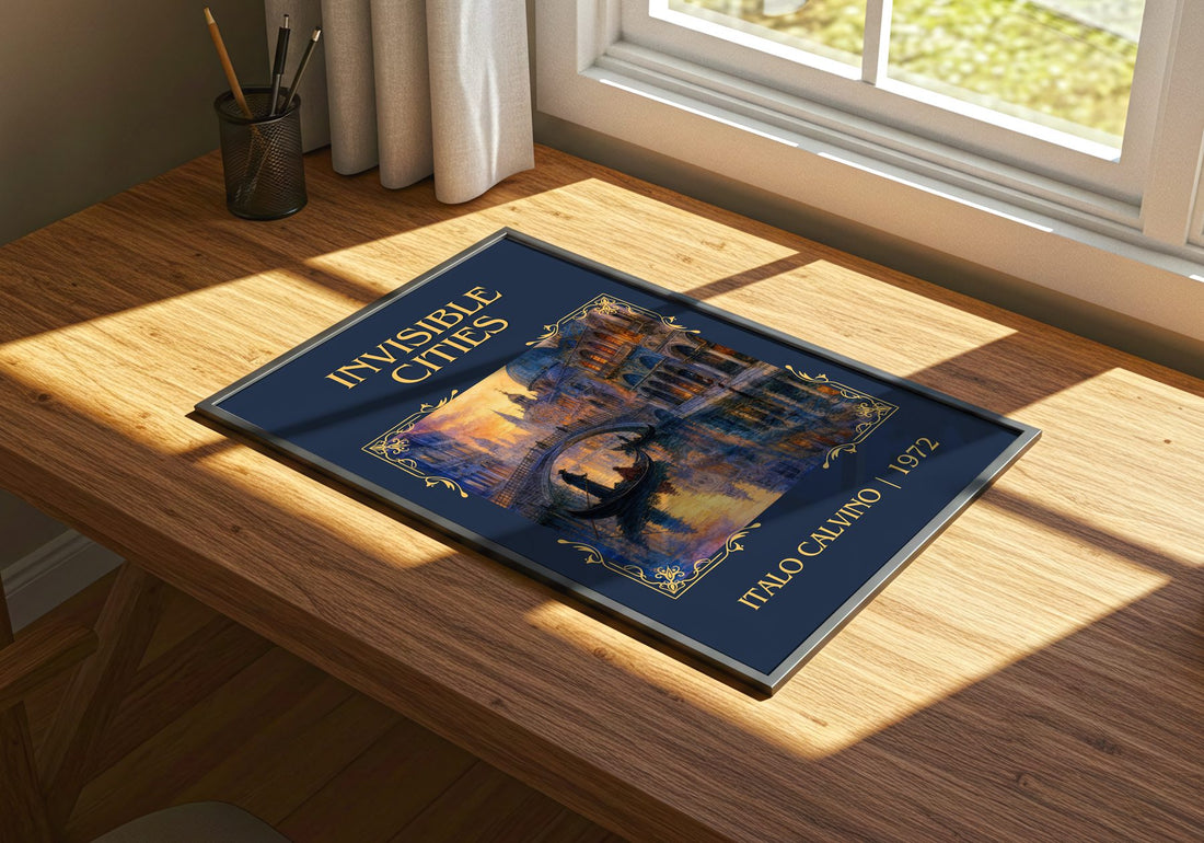 Invisible Cities Classic Book Art Print by Italo Calvino – print on a sunlit desk