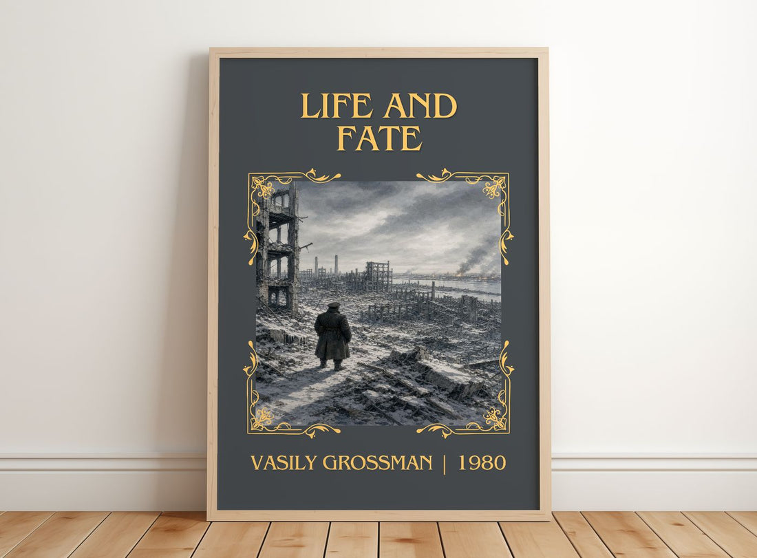 Life and Fate Classic Book Art Print by Vasily Grossman – framed print leaning on a wooden floor