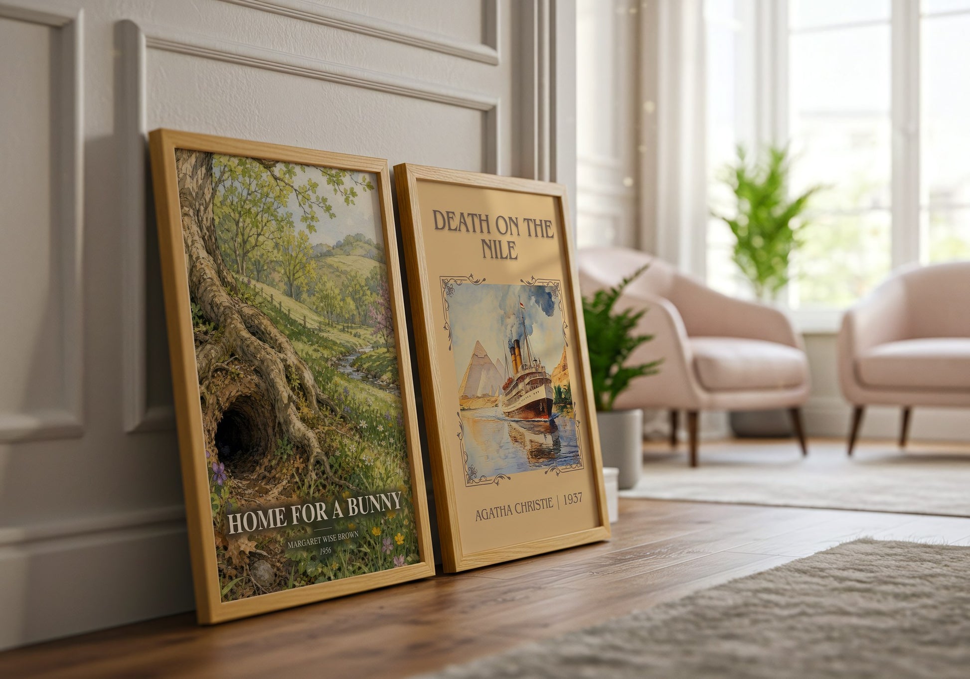 Home For A Bunny watercolour print framed by window – literary home decor