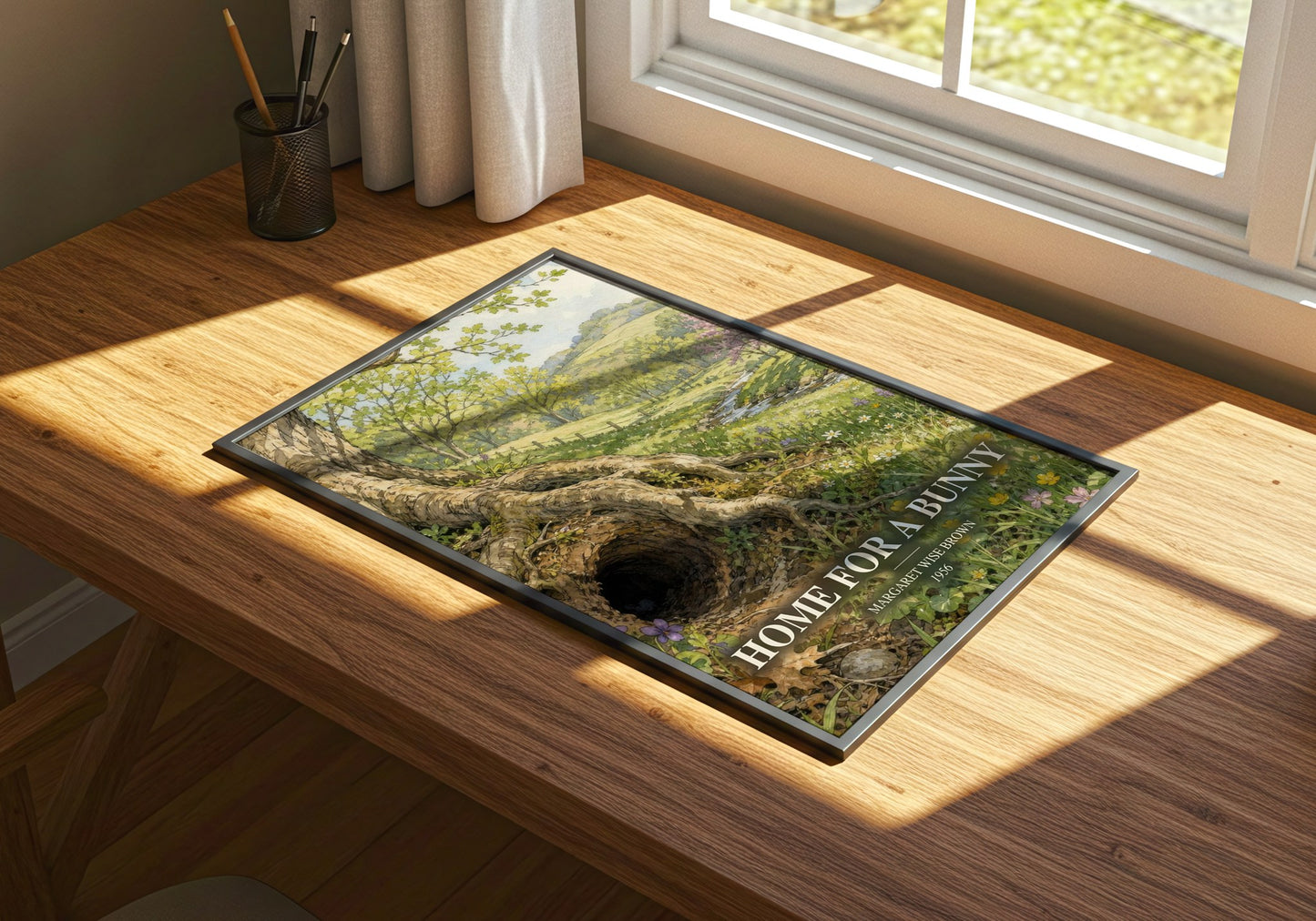 Home For A Bunny watercolour book poster framed on wall – childrens wall art