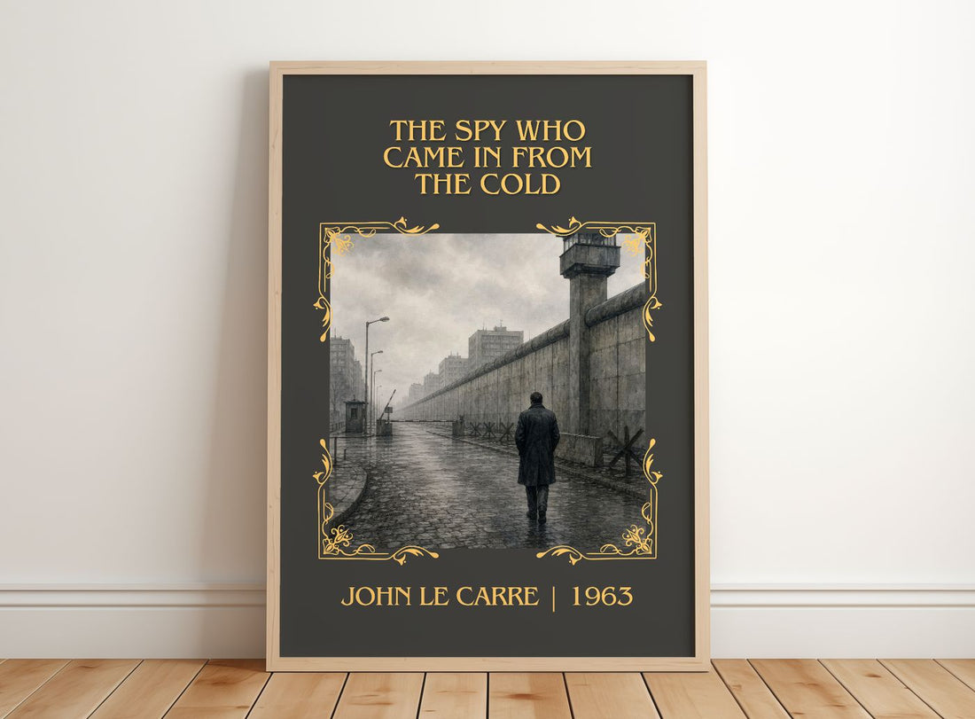 Spy Who Came in From the Cold Classic Book Art Print by John le Carré – framed print leaning on a wooden floor