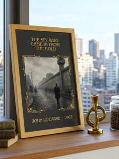 Spy Who Came in From the Cold Classic Book Art Print by John le Carré – framed print on a city-view windowsill