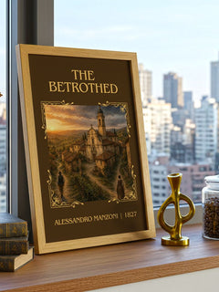 The Betrothed Classic Book Art Print by Alessandro Manzoni – framed print on a city-view windowsill
