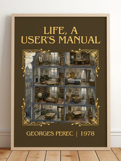 Life, a User's Manual Classic Book Art Print by Georges Perec – framed print leaning on a wooden floor