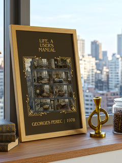 Life, a User's Manual Classic Book Art Print by Georges Perec – framed print on a city-view windowsill