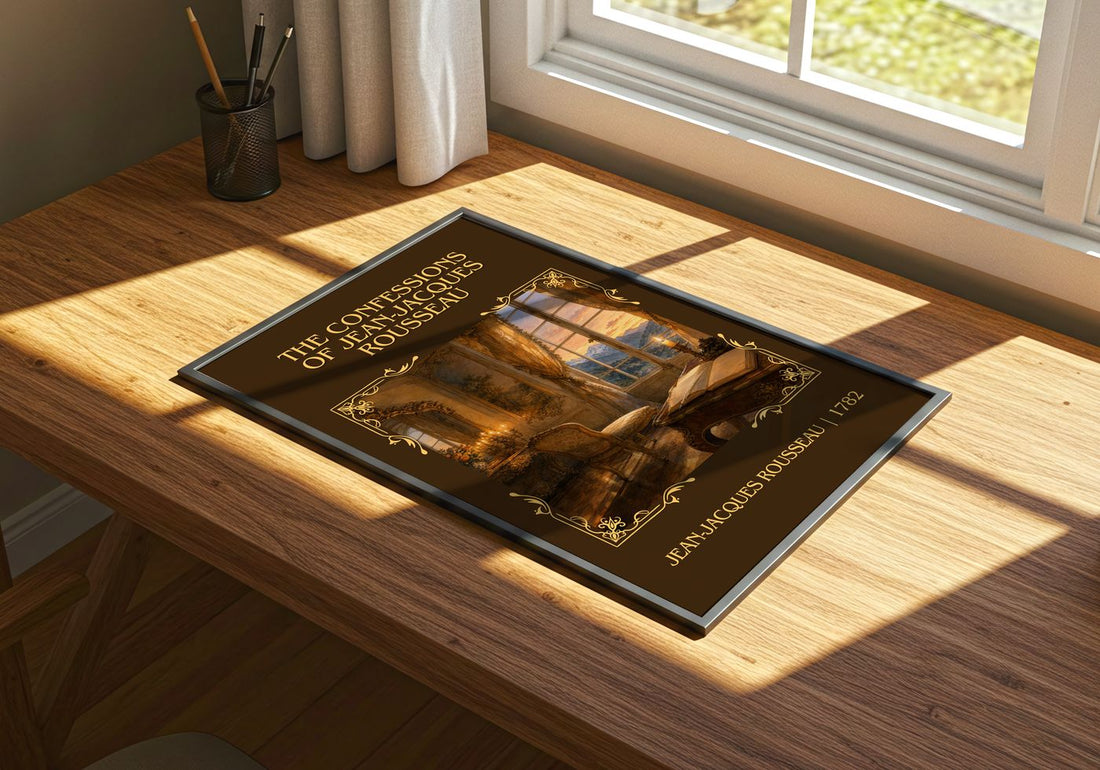 The Confessions of Jean-Jacques Rousseau Classic Book Art Print by Jean-Jacques Rousseau – print on a sunlit desk