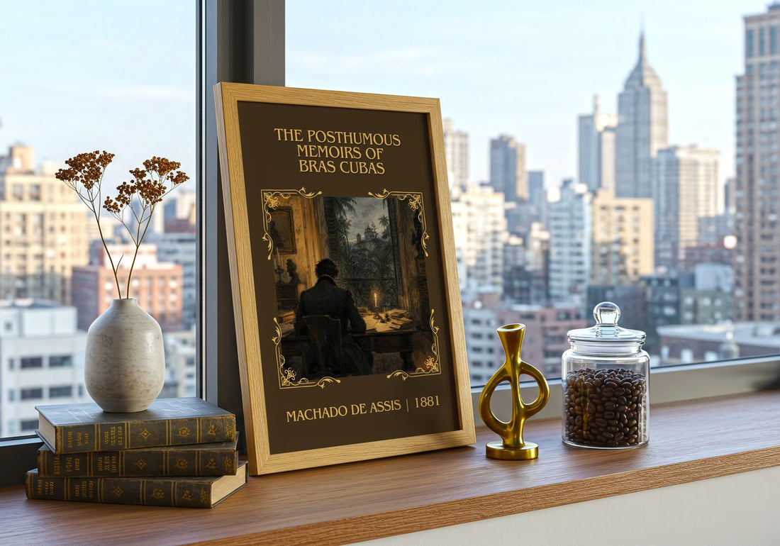 Posthumous Memoirs of Bras Cubas Classic Book Art Print by M. Assis – framed print on a city-view windowsill