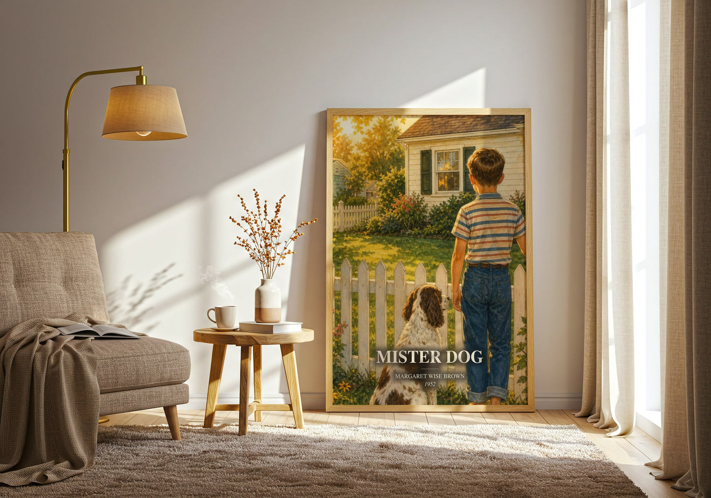 Mister Dog watercolour print in frame leaning in hallway – childrens wall art