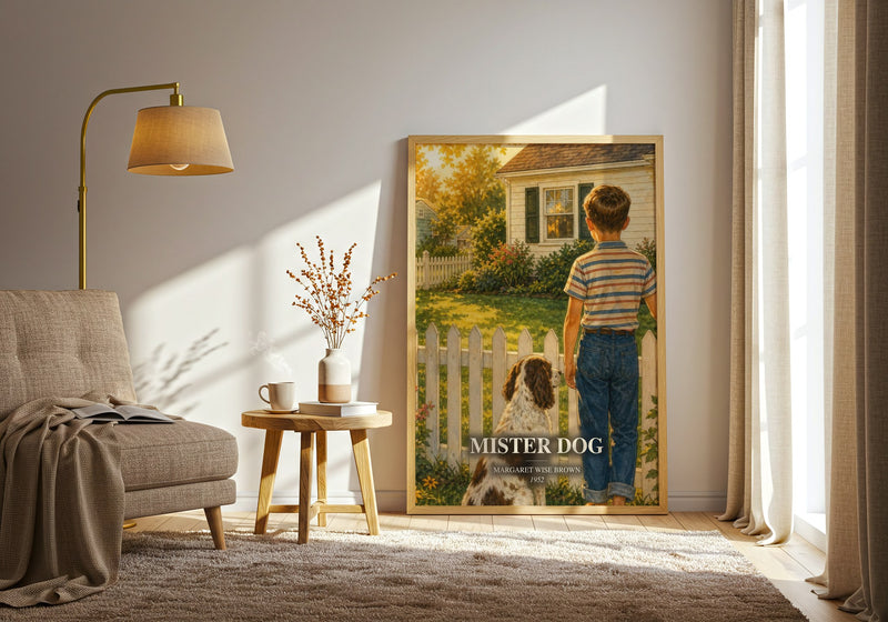 Mister Dog watercolour print in frame leaning in hallway – childrens wall art