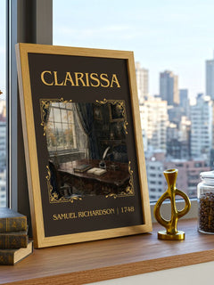 Clarissa Classic Book Art Print by Samuel Richardson – framed print on a city-view windowsill