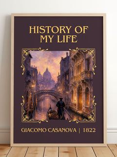 History of My Life Classic Book Art Print by Giacomo Casanova – framed print leaning on a wooden floor