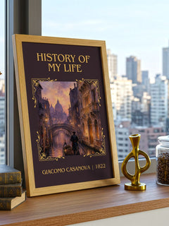 History of My Life Classic Book Art Print by Giacomo Casanova – framed print on a city-view windowsill