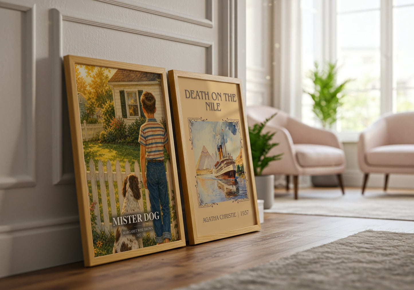 Mister Dog watercolour print framed by window – literary home decor