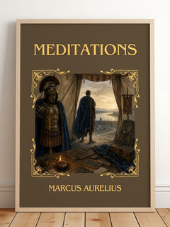 Meditations Classic Book Art Print by Marcus Aurelius – framed print leaning on a wooden floor