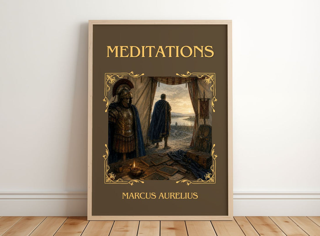 Meditations Classic Book Art Print by Marcus Aurelius – framed print leaning on a wooden floor