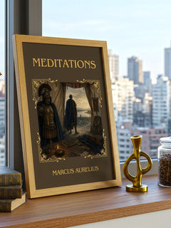 Meditations Classic Book Art Print by Marcus Aurelius – framed print on a city-view windowsill
