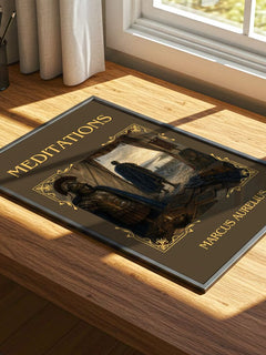 Meditations Classic Book Art Print by Marcus Aurelius – print on a sunlit desk
