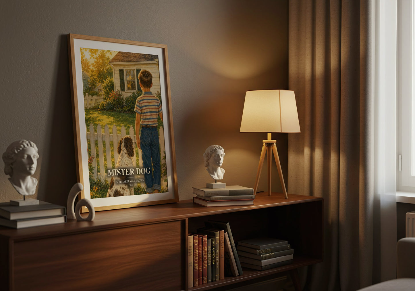Mister Dog watercolour print on bookshelf – Margaret Wise Brown fan gift